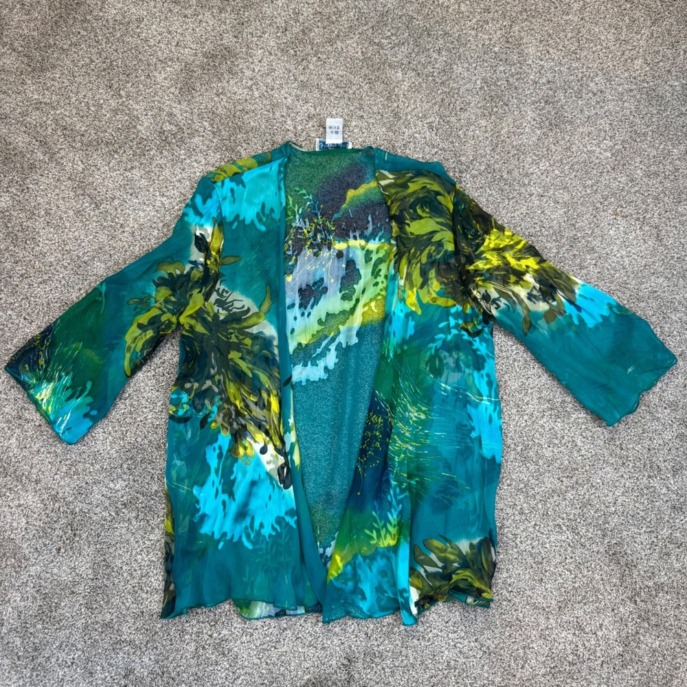 Simply Silk Womens Teal Green Abstract Floral Open Front Silk Blend Cardigan M